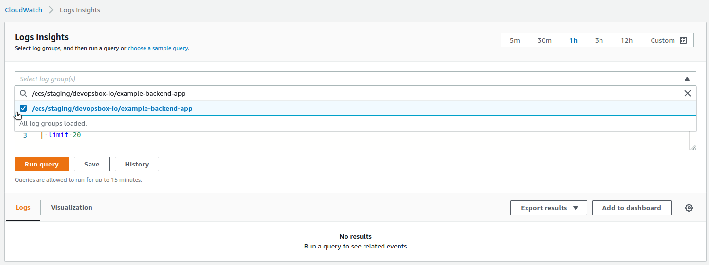 Select AWS CloudWatch log group