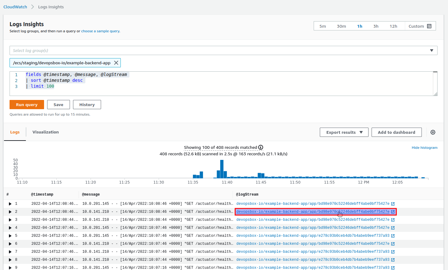 Select AWS CloudWatch log stream