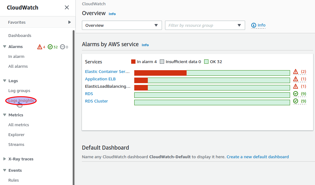 Select AWS CloudWatch "Logs Insights"