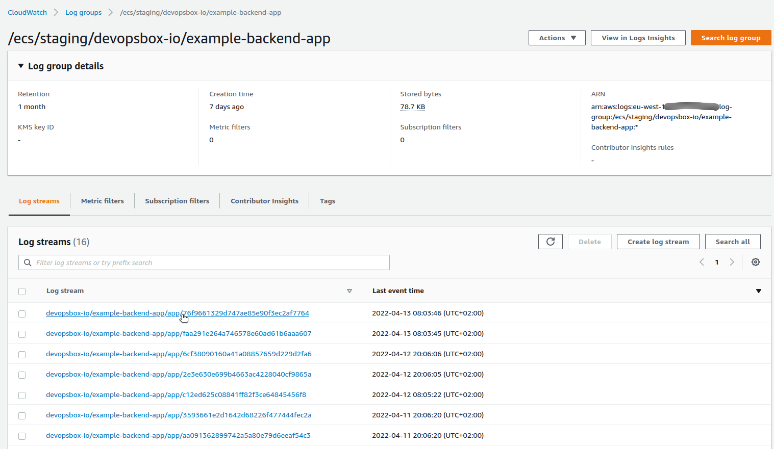 Select AWS CloudWatch log stream