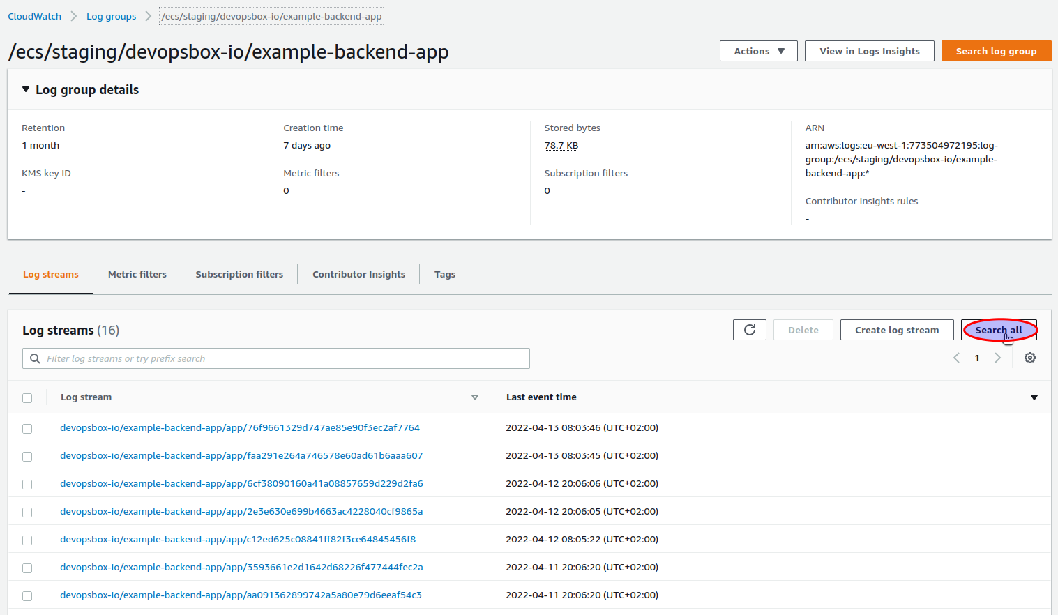 Select AWS CloudWatch search all