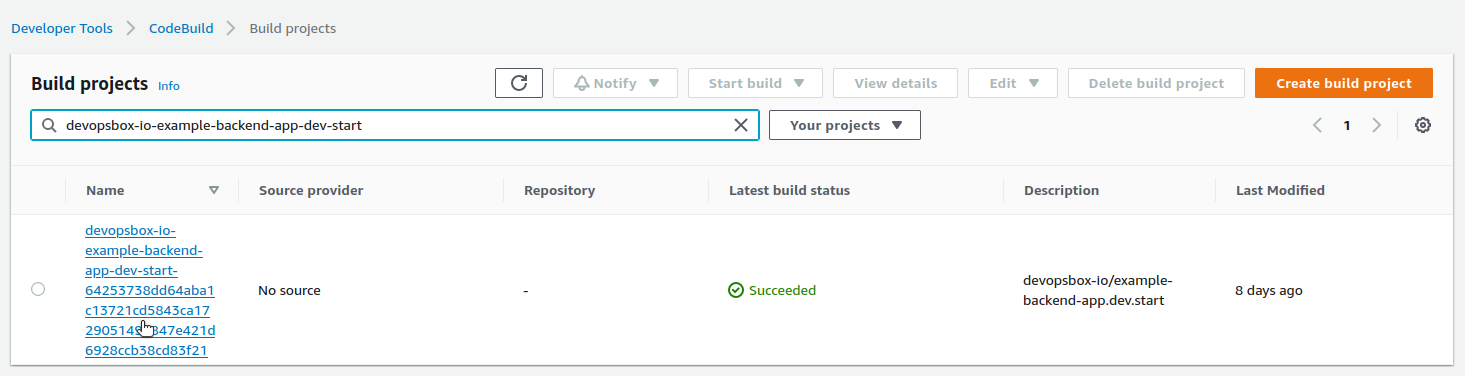 Find AWS CodeBuild project
