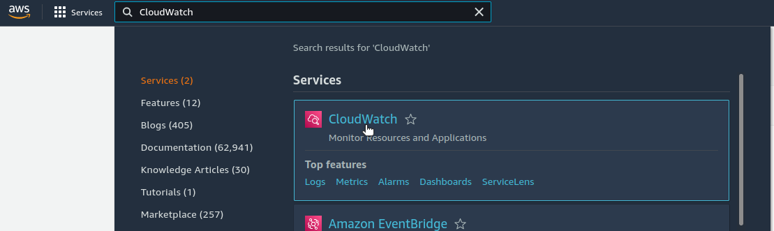 Find AWS CloudWatch service