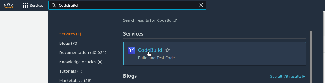 Find AWS CodeBuild service