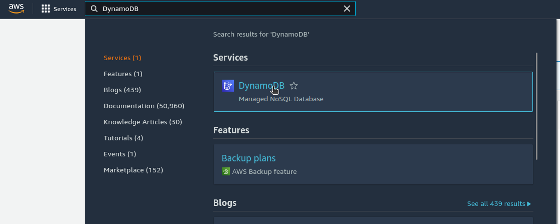 Find AWS DynamoDB service