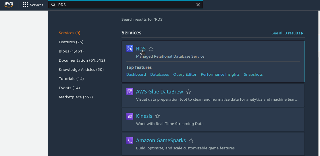 Find AWS RDS service