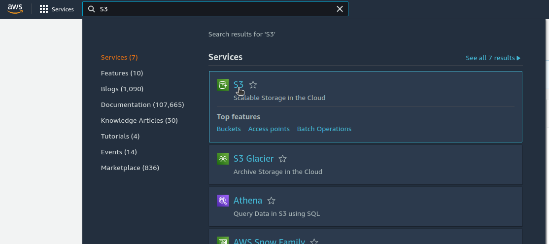 Find AWS S3 service