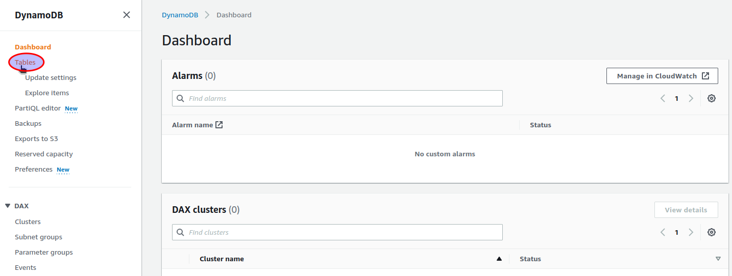 Select AWS DynamoDB "Tables"