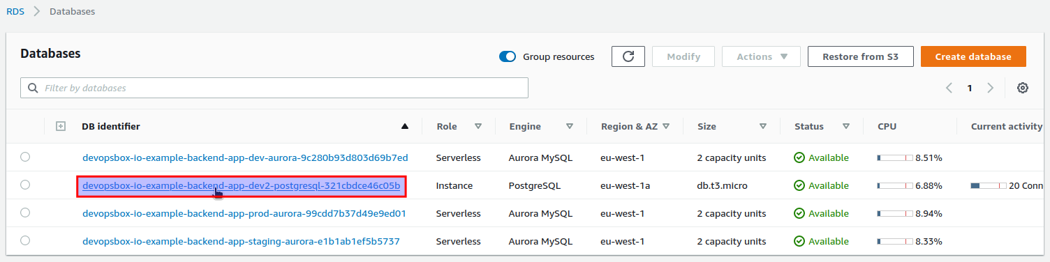 Select AWS RDS instance